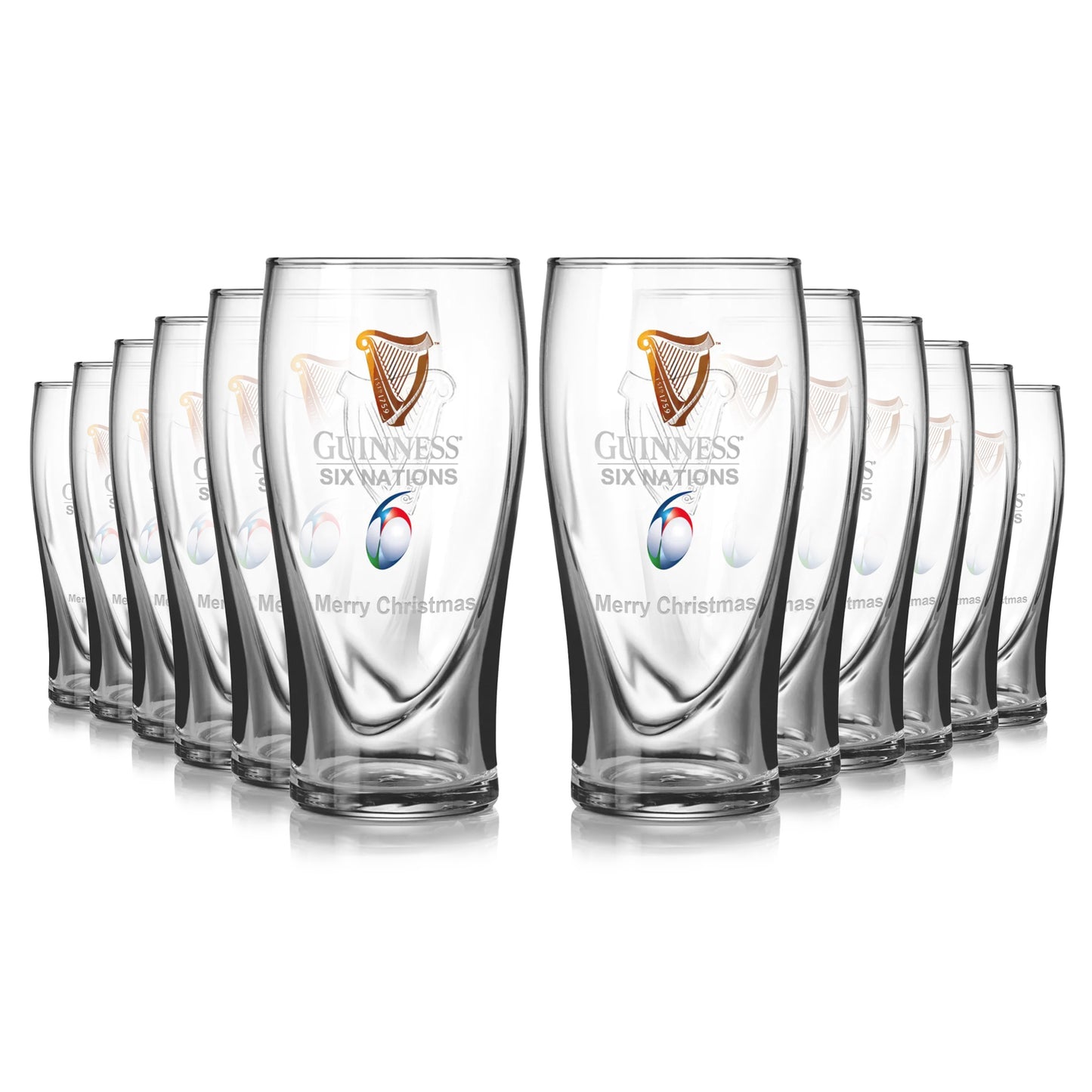 The Guinness Six Nations Pint Glass - 12 Pack showcases twelve clear glasses, each featuring the tournament logo and festive "Merry Christmas" text, ideal for celebrating the Championship.