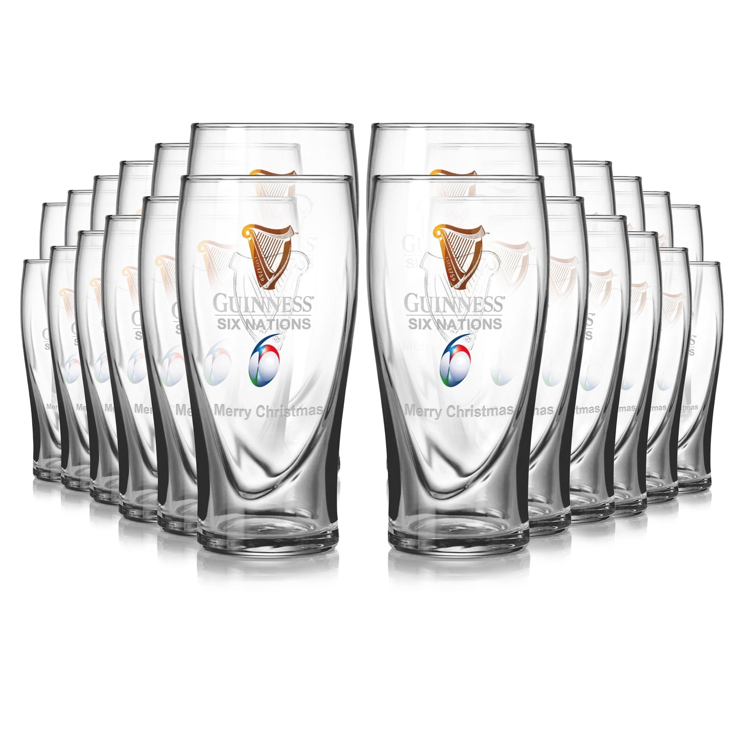 A 24-pack of Guinness Six Nations Pint Glasses, each featuring the logo and "Merry Christmas," ideal for rugby fans' festive celebrations.