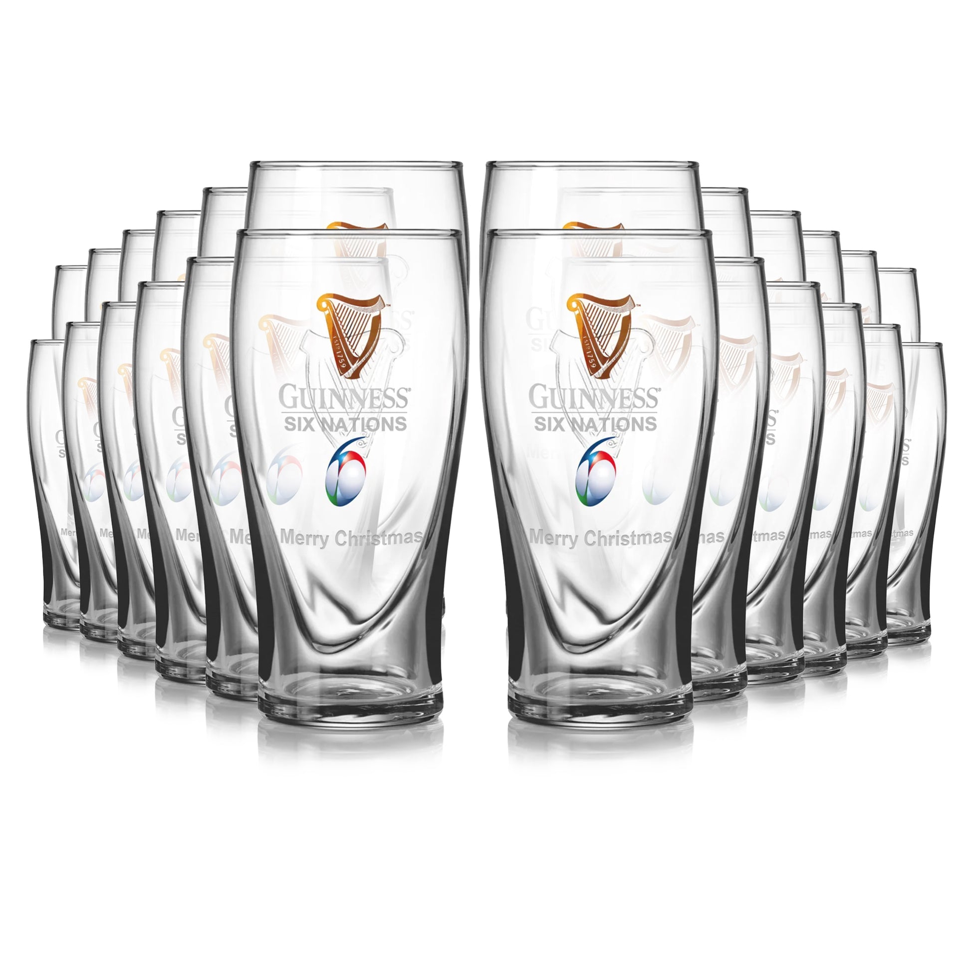 A 24-pack of Guinness Six Nations Pint Glasses, each featuring the logo and "Merry Christmas," ideal for rugby fans' festive celebrations.