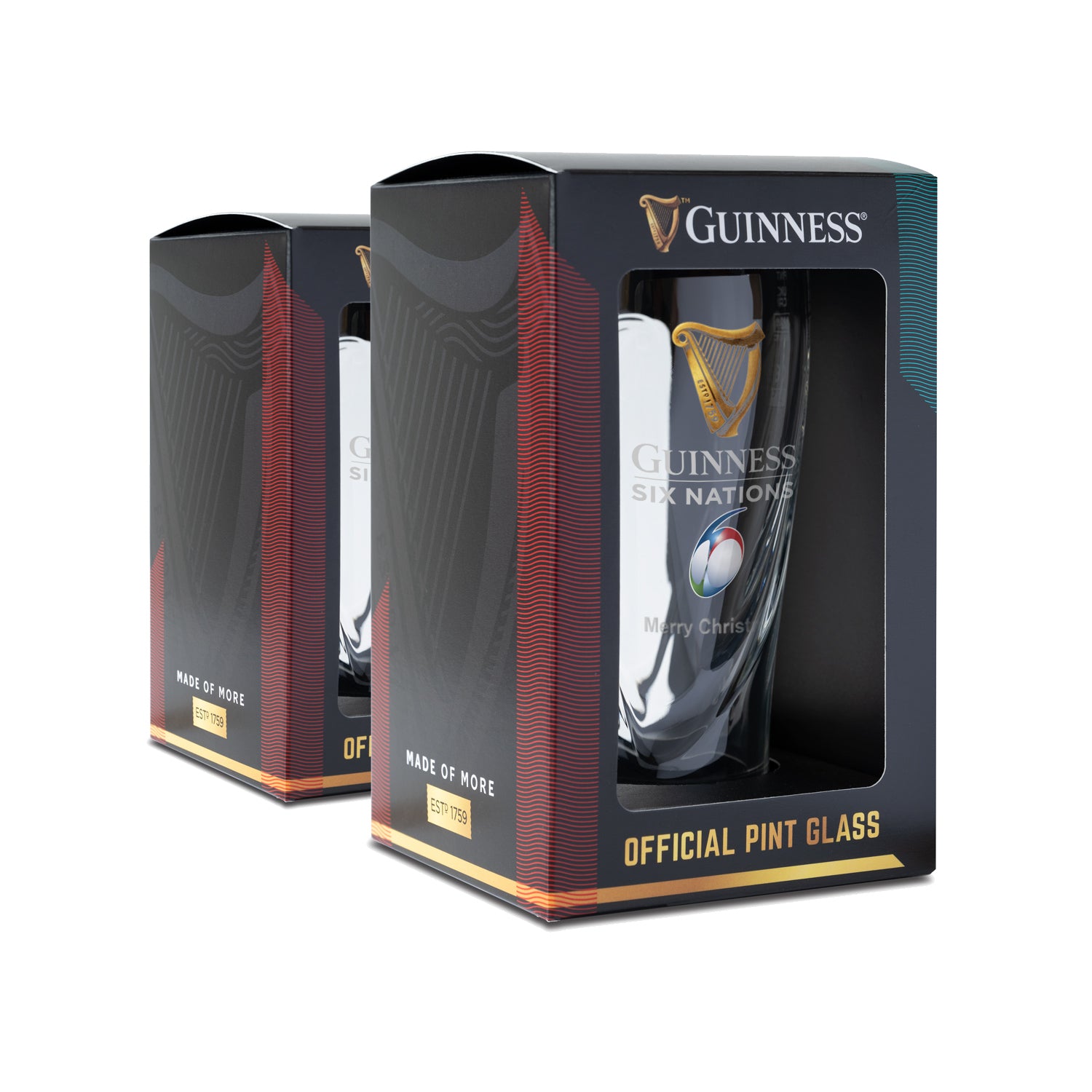 Enhance your Rugby viewing with the Guinness Six Nations Pint Glass - 2 Pack. These official glasses in sleek black packaging feature Guinness and Six Nations logos, plus a festive "Merry Christmas" message. Cheers to an unforgettable season!.