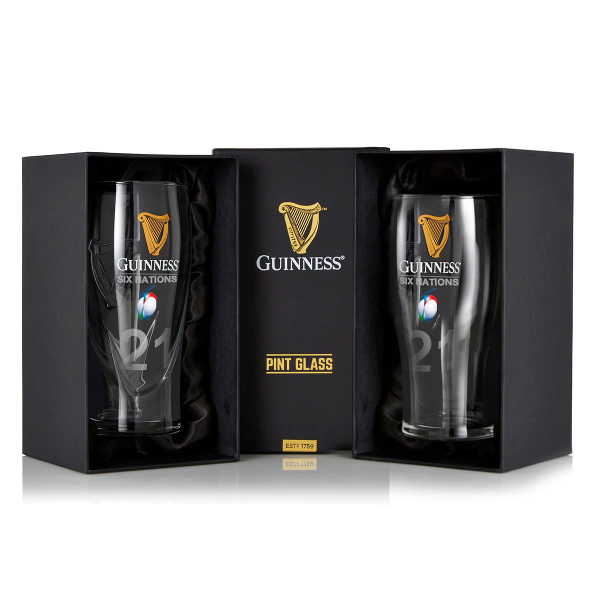 Two Guinness Six Nations Pint Glasses, neatly packed in black boxes with one labeled "Pint Glass" in the center, offer a perfect tribute to the iconic sport.