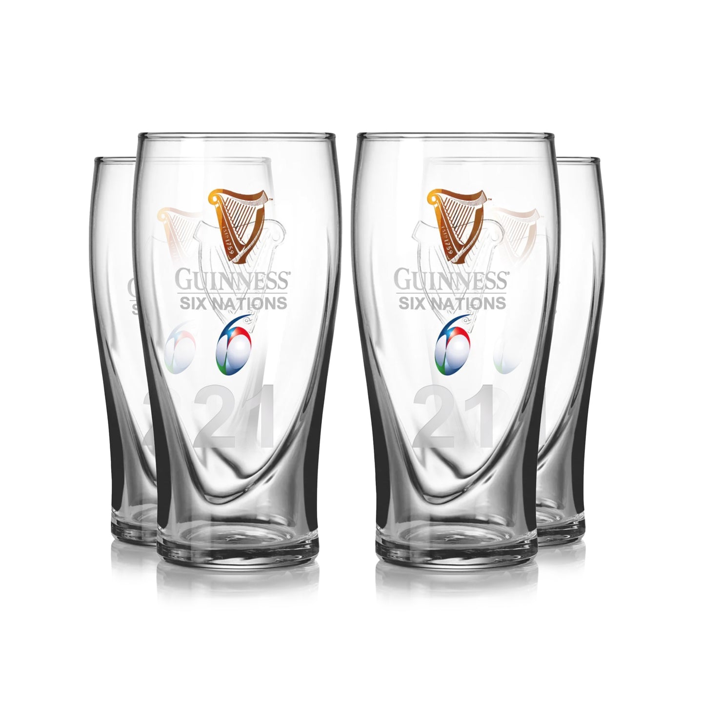 The Guinness Six Nations Pint Glass - 4 Pack, featuring logos and "21" at the base, is a perfect set for any rugby fan.