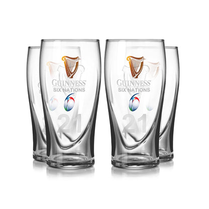 The Guinness Six Nations Pint Glass - 4 Pack, featuring logos and "21" at the base, is a perfect set for any rugby fan.