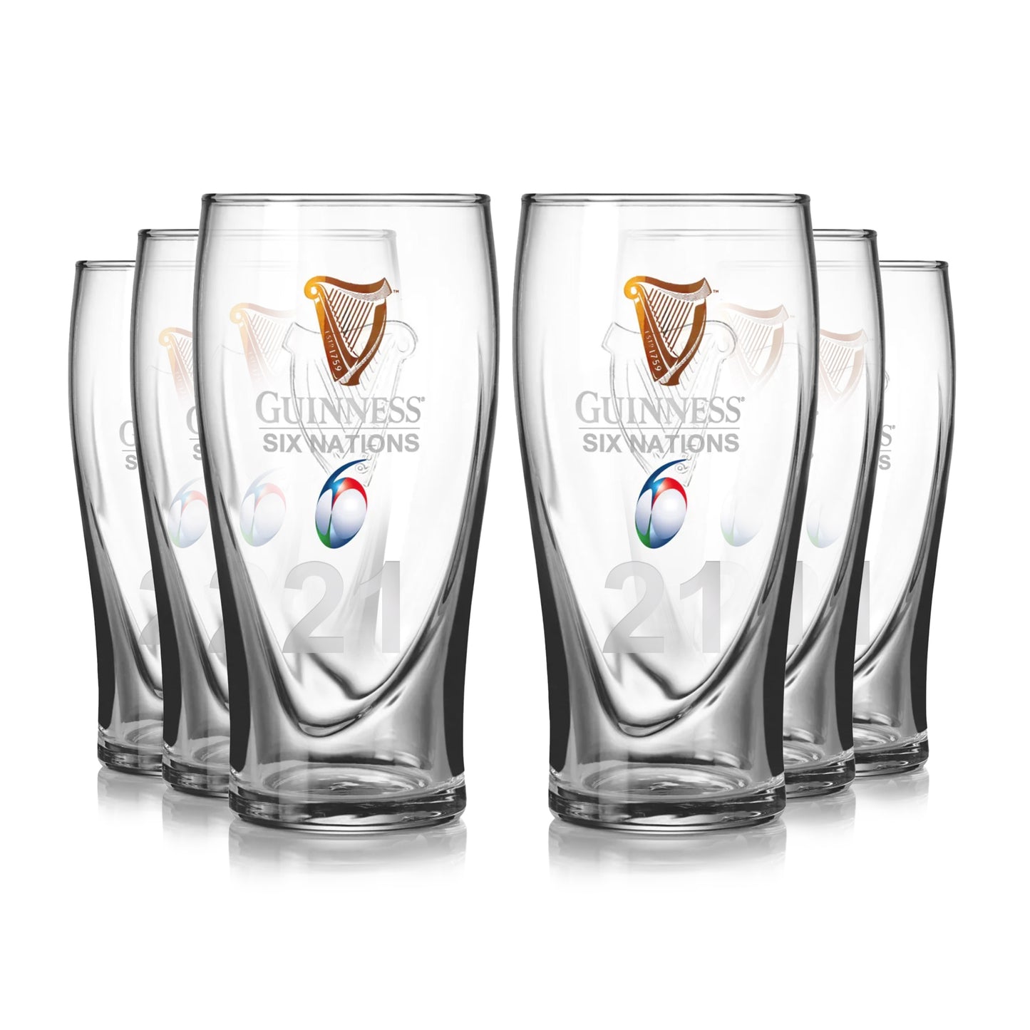 The "Guinness Six Nations Pint Glass - 6 Pack" offers six crystal-clear glasses, featuring iconic branding and the number 21, perfect for any rugby fan's collection.