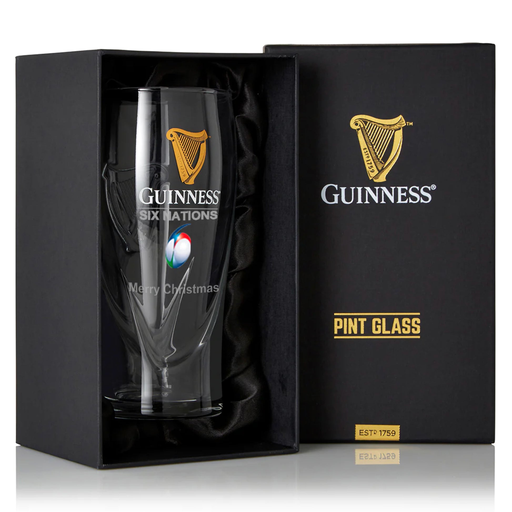 Enhance your rugby viewing with the Guinness Six Nations Pint Glass - 2 Pack, featuring a gold-branded black open box and official Six Nations logo.