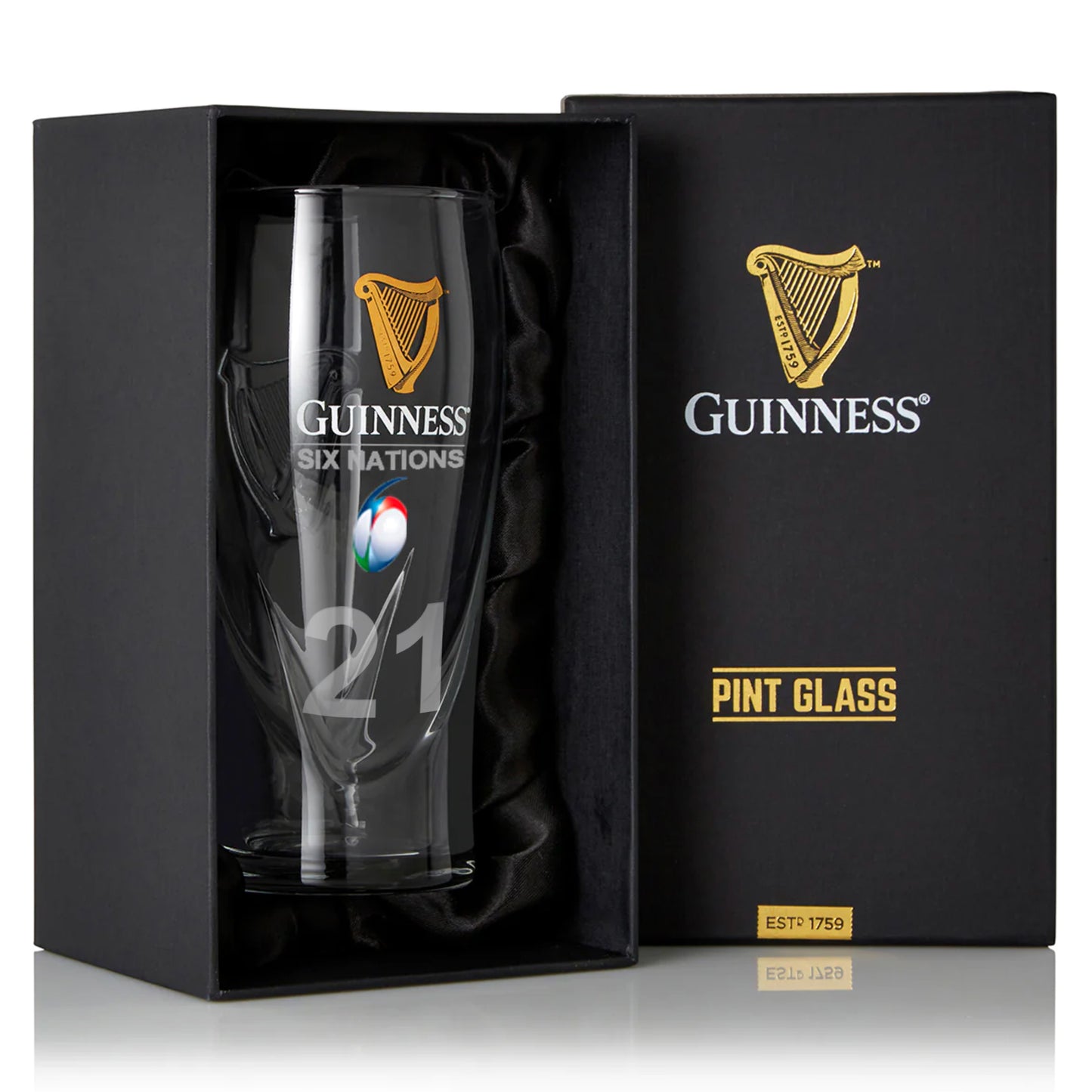 This Guinness Six Nations Pint Glass 2 Pack, presented in a sleek black box, features the official Six Nations logo and has '21' engraved on each glass—ideal for enhancing your rugby viewing experience.