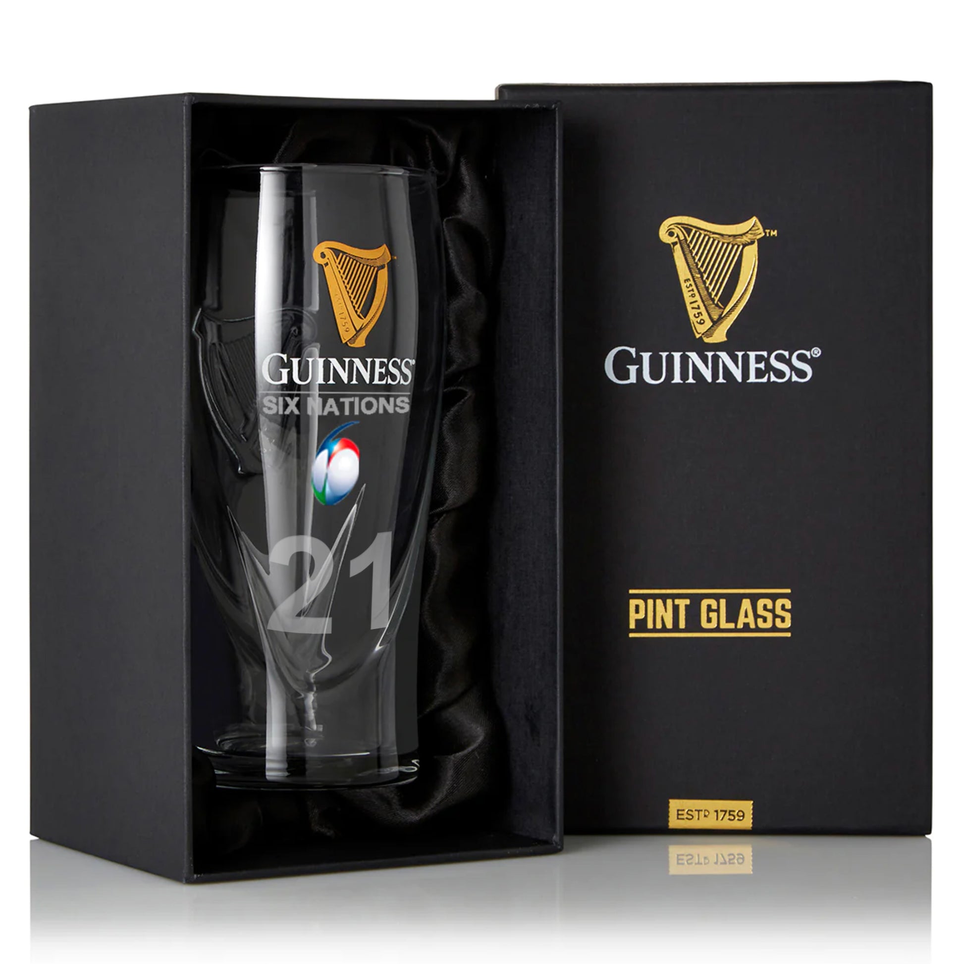 This Guinness Six Nations Pint Glass 2 Pack, presented in a sleek black box, features the official Six Nations logo and has '21' engraved on each glass—ideal for enhancing your rugby viewing experience.