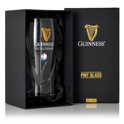 The Guinness Six Nations Pint Glass - 2 Pack is a great gift for rugby fans, packaged in an elegant black box with gold and color logos.