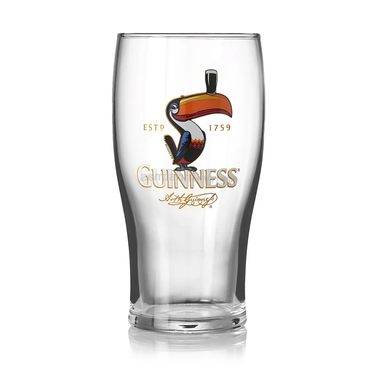 The Guinness Toucan Pint Glass from Guinness UK features the iconic logo with a colorful toucan and "ESTD 1759" printed above, standing empty and upright against a plain white background.