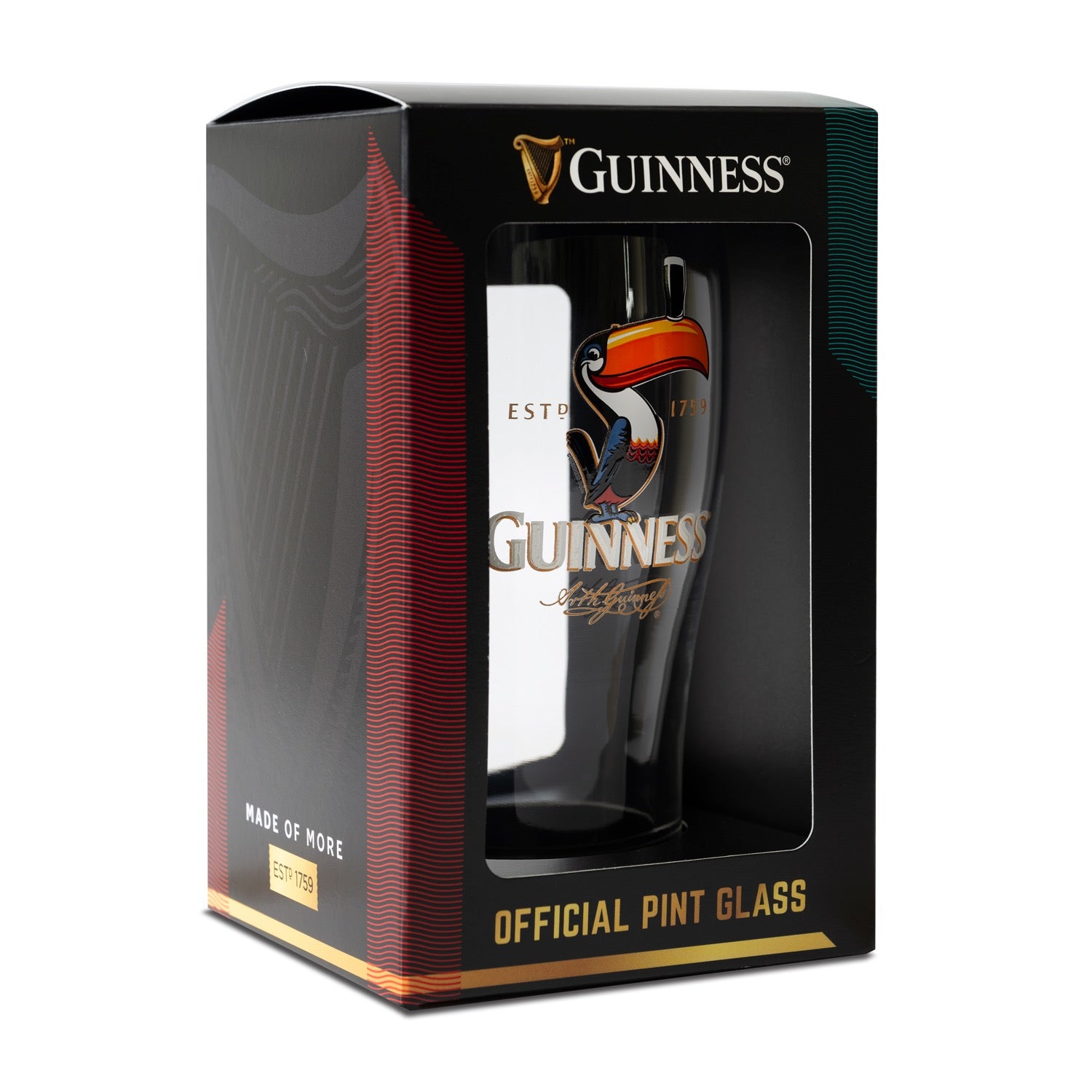 The Guinness UK Toucan Pint Glass comes in a box showcasing a delightful toucan design and the iconic brand's logo.