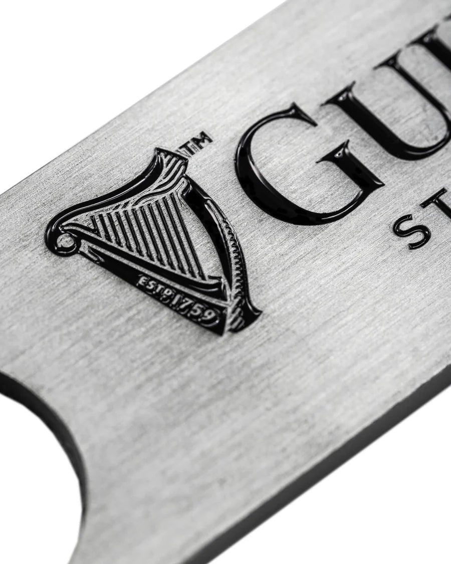 Here's a revised version of the sentence using the given product data:

A close-up of the Guinness Barman Bottle Opener from the Guinness Webstore UK showcases its high-quality steel construction. It is adorned with an engraved harp and the text "ESTD 1759" along with prominently sized lettering, making it an ideal accessory for any home bar.