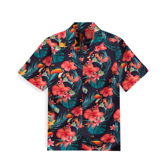 Guinness Toucan Hawaiian Shirt by Guinness, a short-sleeve, button-up shirt showcasing a lively floral and toucan print. The dark background enhances the tropical design, made from 100% cotton for ultimate comfort.