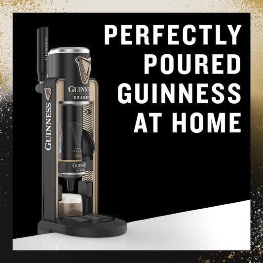 A Guinness MicroDraught dispenser on a counter with the text "Perfectly Poured Guinness at Home" displayed on the right, creating an ideal centerpiece for any home bar.