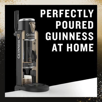 The Guinness MicroDraught Power Transformer product display includes a beer dispenser, can, and glass. Text reads: "Perfectly Poured Guinness at Home" by Guinness UK.
