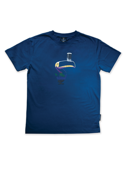 A Guinness Liquid Toucan Tee - Blue with an image of a boat on it featuring the Blue Guinness Toucan.