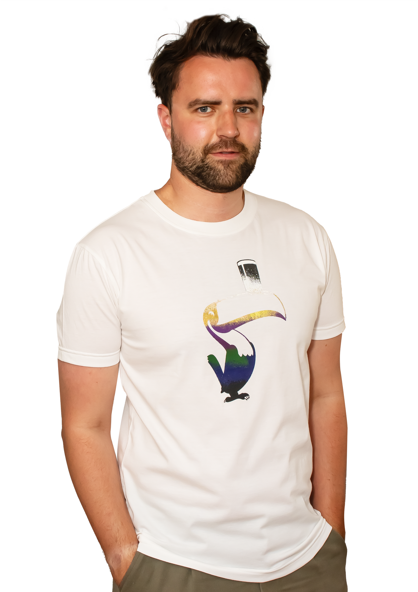 A man wearing a Guinness Liquid Toucan T-Shirt - White with a bird on it.