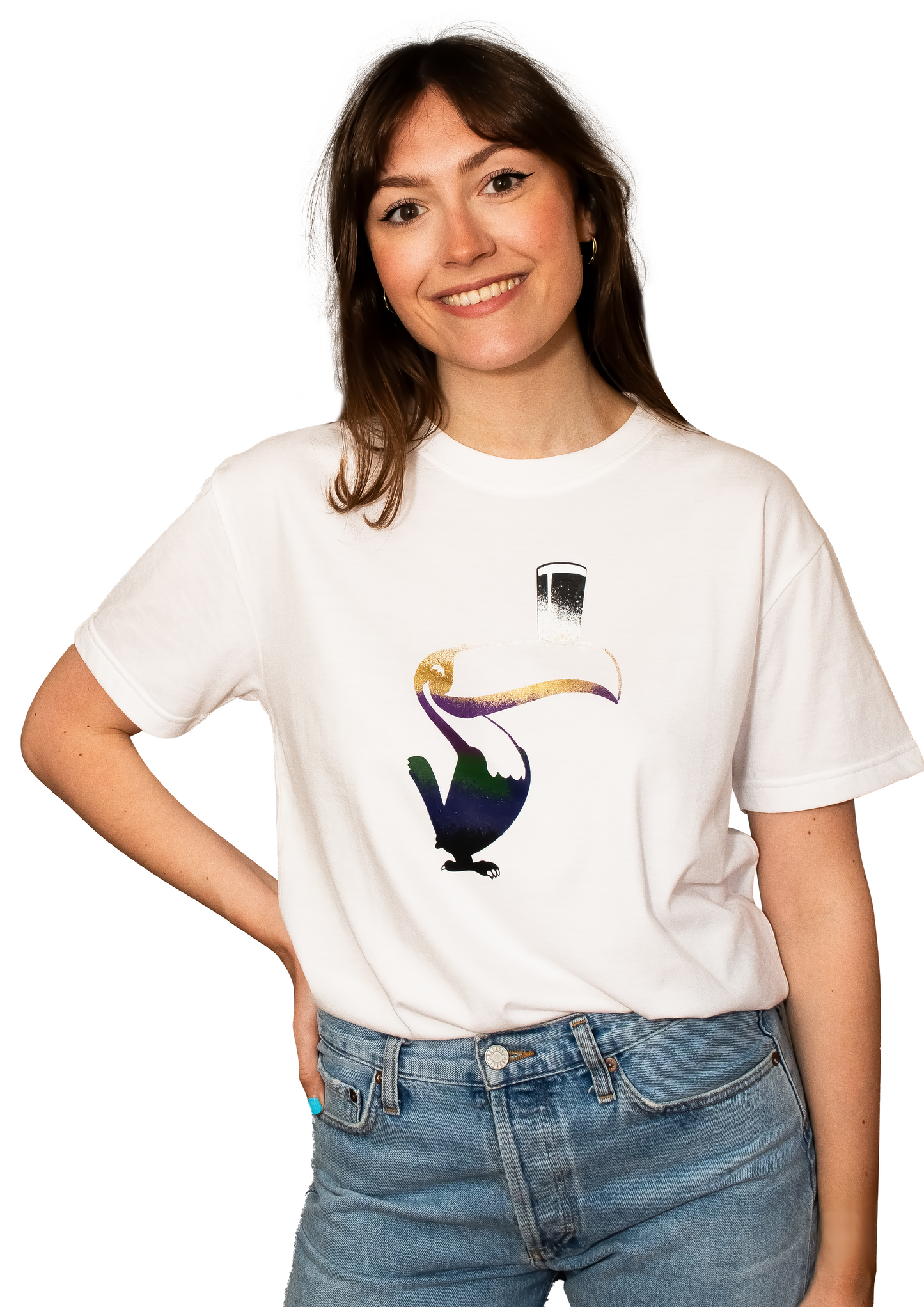 A woman wearing a Guinness Liquid Toucan T-Shirt - White, made of BCI cotton.