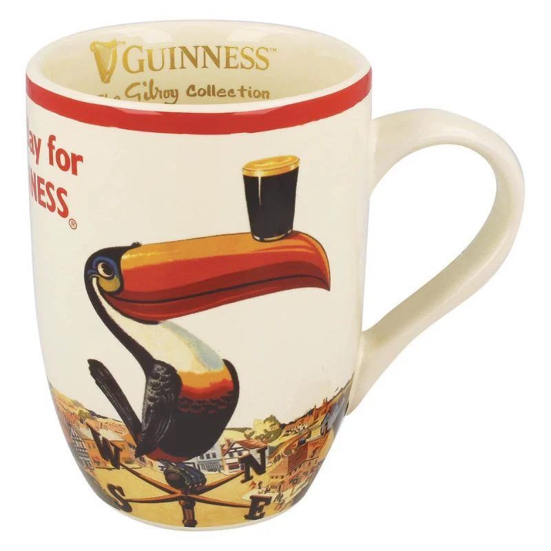 Guinness Gilroy Tulip Mug featuring classic Guinness Gilroy artwork, with a toucan adeptly balancing a pint of stout on its beak, from the Guinness Webstore UK.