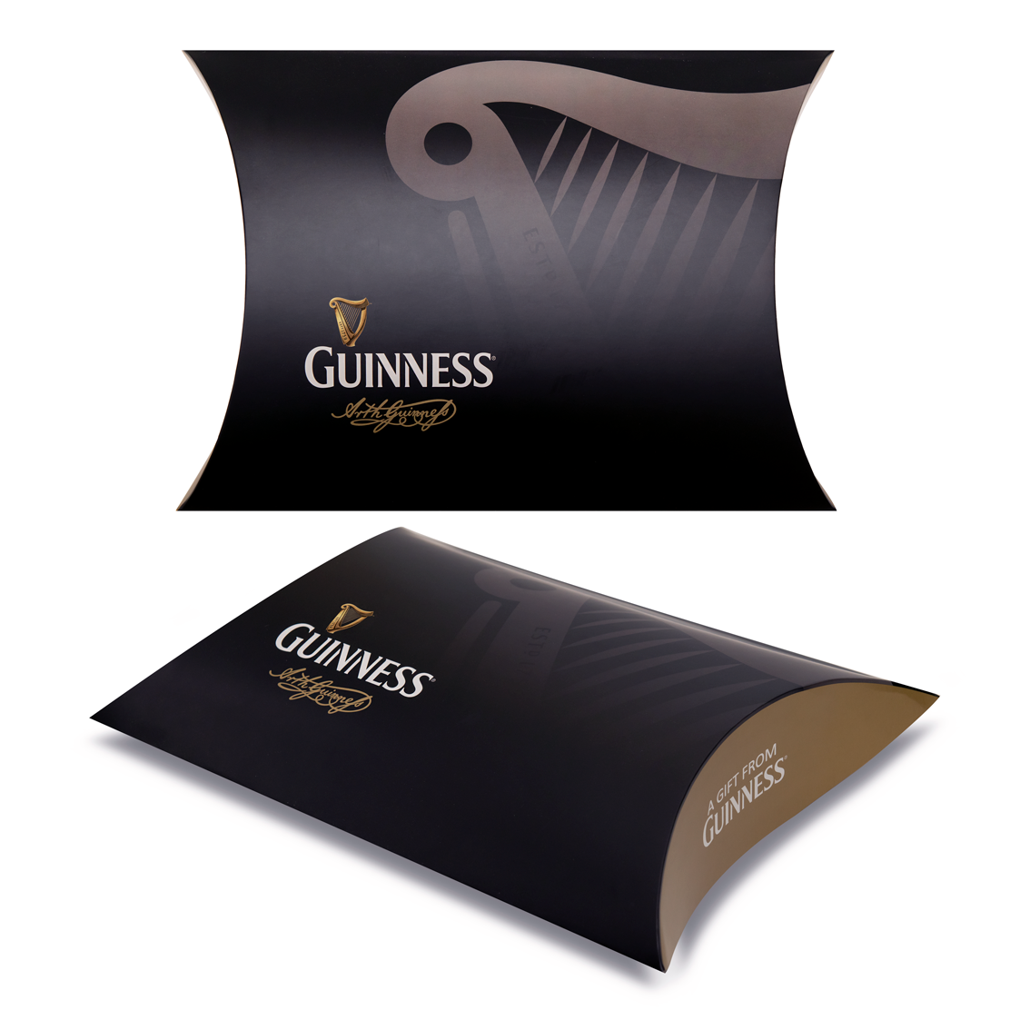 Two views of the Guinness Pillowcase Gift Box—a black box with the Guinness logo, gold harp graphic, and "A Gift from Guinness" in gold script—ideal for fans and collectors seeking unique gifts.