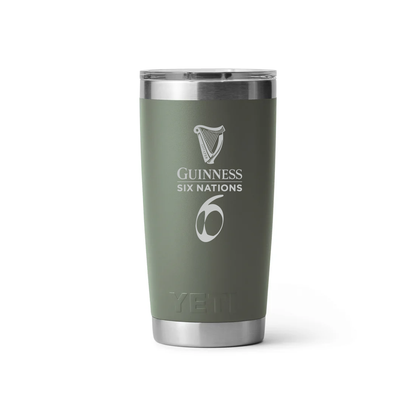 The Guinness Webstore UK offers the Guinness Six Nations - Yeti - 20oz Tumbler in green, blending rugby spirit and YETI quality with a sleek silver lid and base—perfect for fans seeking style and performance.