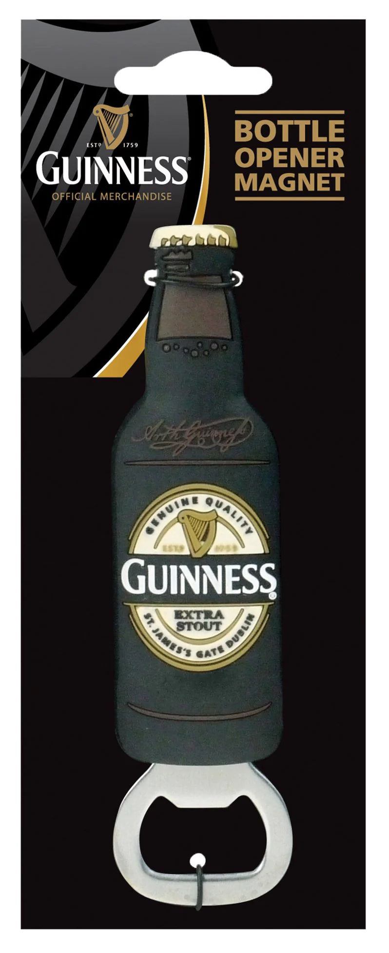 Guinness Bottle Opener Magnet - Extra Stout in original packaging, showcasing the iconic Guinness® Toucan branding and logo.