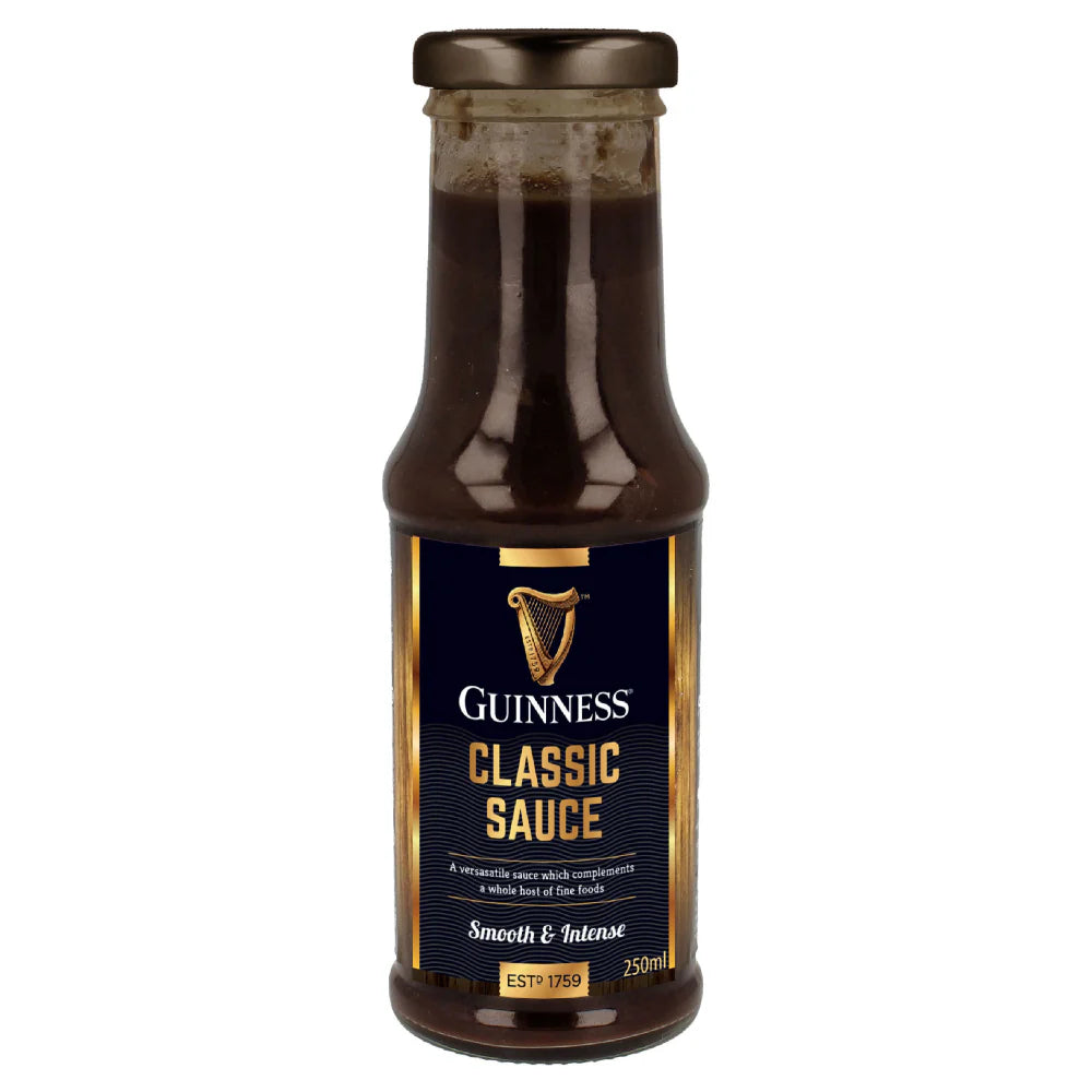 A 250ml bottle of Guinness Classic Sauce from the Guinness Webstore UK, described as "smooth & intense," makes the perfect BBQ essential or a delightful gift for food enthusiasts.