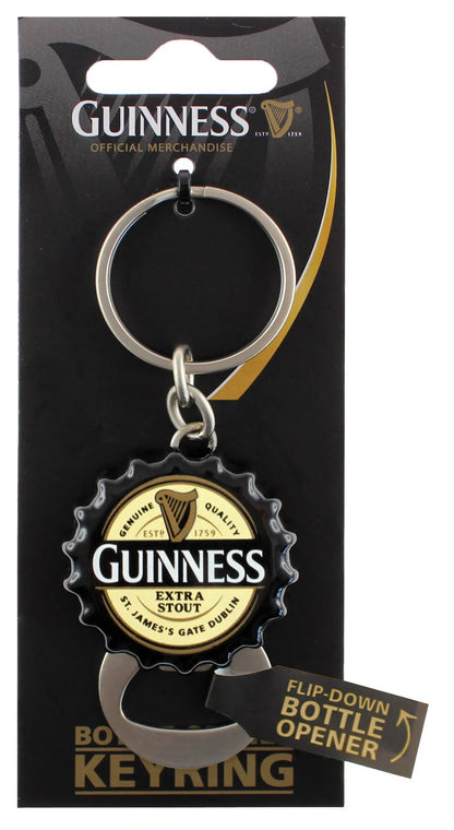 The Guinness Bottle Opener Key Ring showcases a unique bottle cap design and includes a convenient flip-down bottle opener, making it ideal for beer enthusiasts.