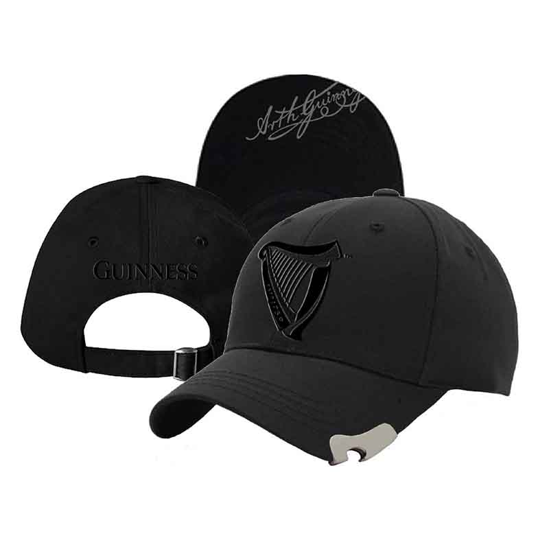 Three black baseball caps featuring different logos, including a Guinness Bottle Opener Black Cap from Guinness Webstore UK with a built-in bottle opener and a harp symbol, displayed from various angles on a white background.