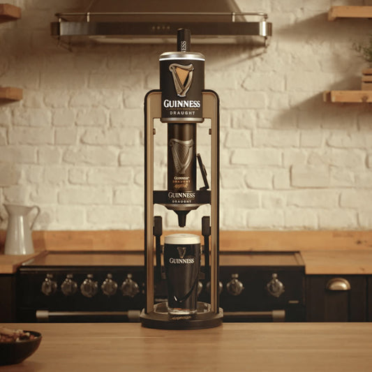 A Guinness MicroDraught machine from Guinness UK proudly displayed on a kitchen counter, creating the perfect home bar experience for enjoying draught Guinness.
