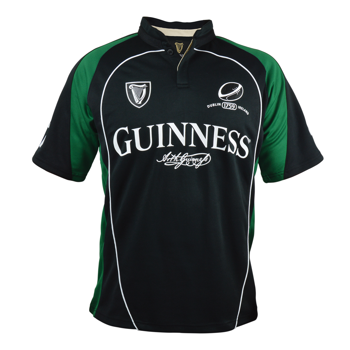 A black and green Guinness UK short sleeve performance rugby jersey.