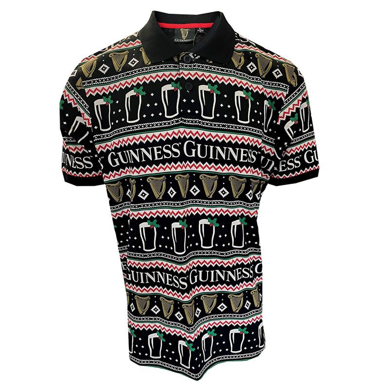 The Guinness Festive Pints Polo Shirt by Guinness is a chic holiday outfit featuring a black collared design with the iconic Guinness logo and a festive pattern of beer glasses and zigzags in bright red, green, and white.