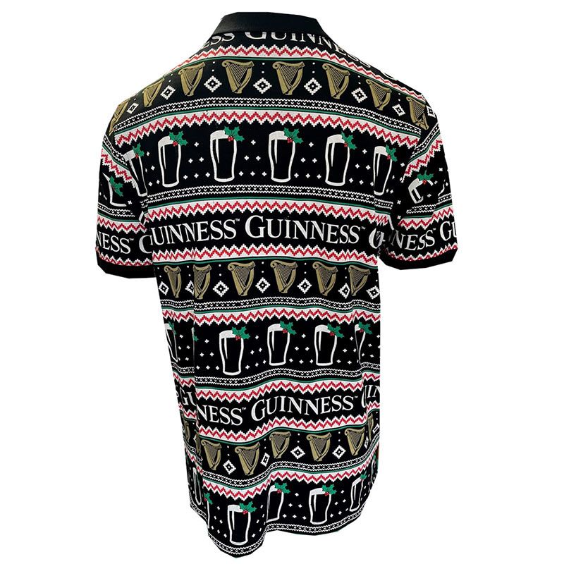 The Guinness Festive Pints Polo Shirt by Guinness is a fashionable holiday garment with short sleeves adorned with beer glasses and festive patterns, ideal for those who enjoy distinctive holiday style.