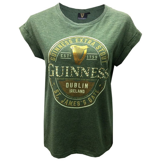 Green Ladies Guinness Stud Label T-shirt with the Extra Stout label, including the harp emblem and text "Dublin, Ireland St. James’s Gate.