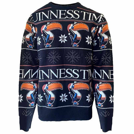 Guinness® Christmas Toucan Jumper, adorned with "GUINNESS TIME" text and a toucan design, along with snowflakes and beer glasses.