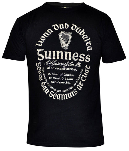 The Guinness® Distressed Gaelic Label T-Shirt by Guinness UK features a circular front design with the official logo, harp graphic, and stylized English and Gaelic text.