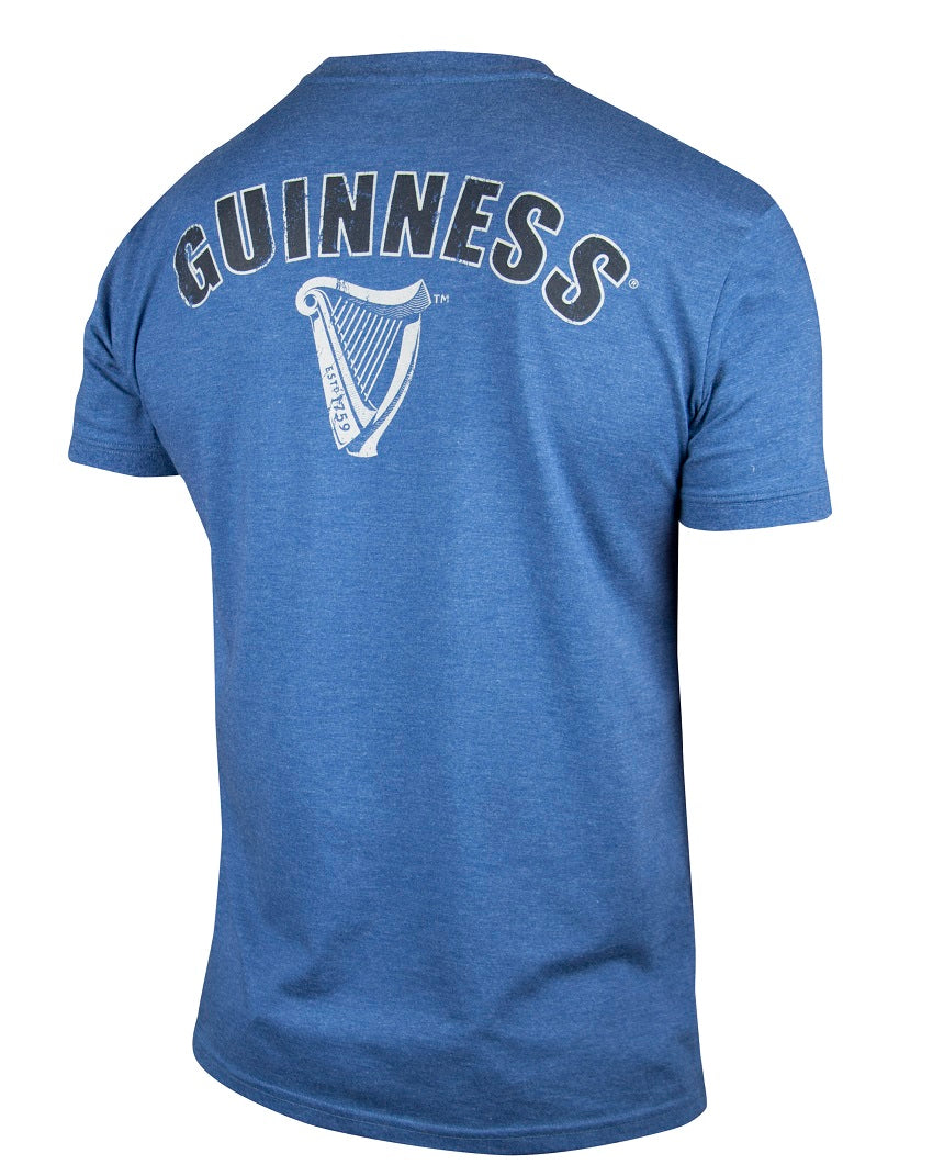 A navy heathered Guinness UK EST 1759 T-shirt featuring a harp on its back.