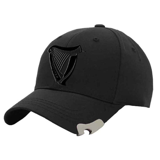 Guinness Bottle Opener Black Cap with a metallic logo on the front, available on Guinness Webstore UK.