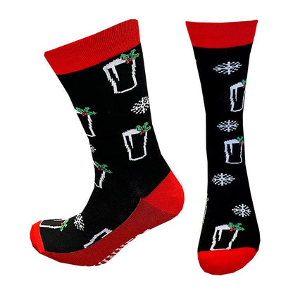 These distinct stocking fillers are known as the Guinness Christmas Pint Socks Red and Black, offered by the Guinness Webstore UK. They are black socks adorned with red cuffs, heels, and toes, showcasing holiday-themed patterns like snowflakes and festive drinks—ideal for the season.