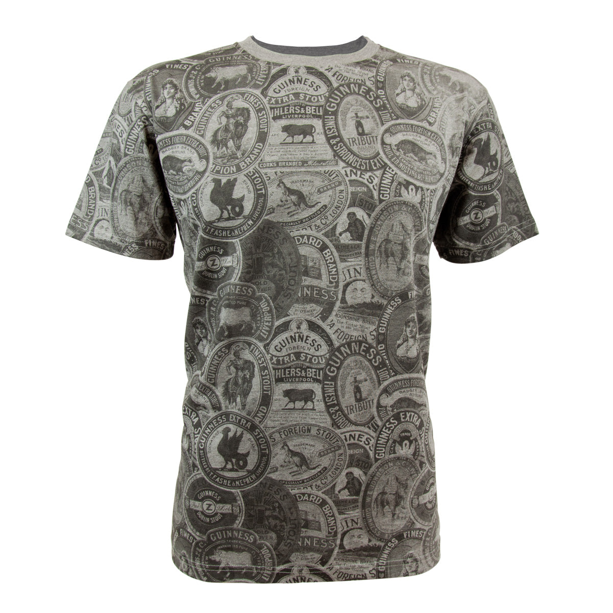 The Guinness Vintage Label Grey Tee, offered by Guinness UK, is made from 100% cotton and features a vintage Guinness Distressed Gaelic Label design. Its unisex style adds versatility to any wardrobe.