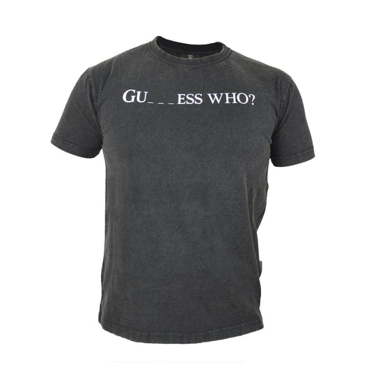 Black "Guess Who" Tee by Guinness UK with a distressed finish, featuring the words "GU_ _ESS WHO?" printed in white on the front, inspired by the iconic work of Gilroy, Guinness illustrators.