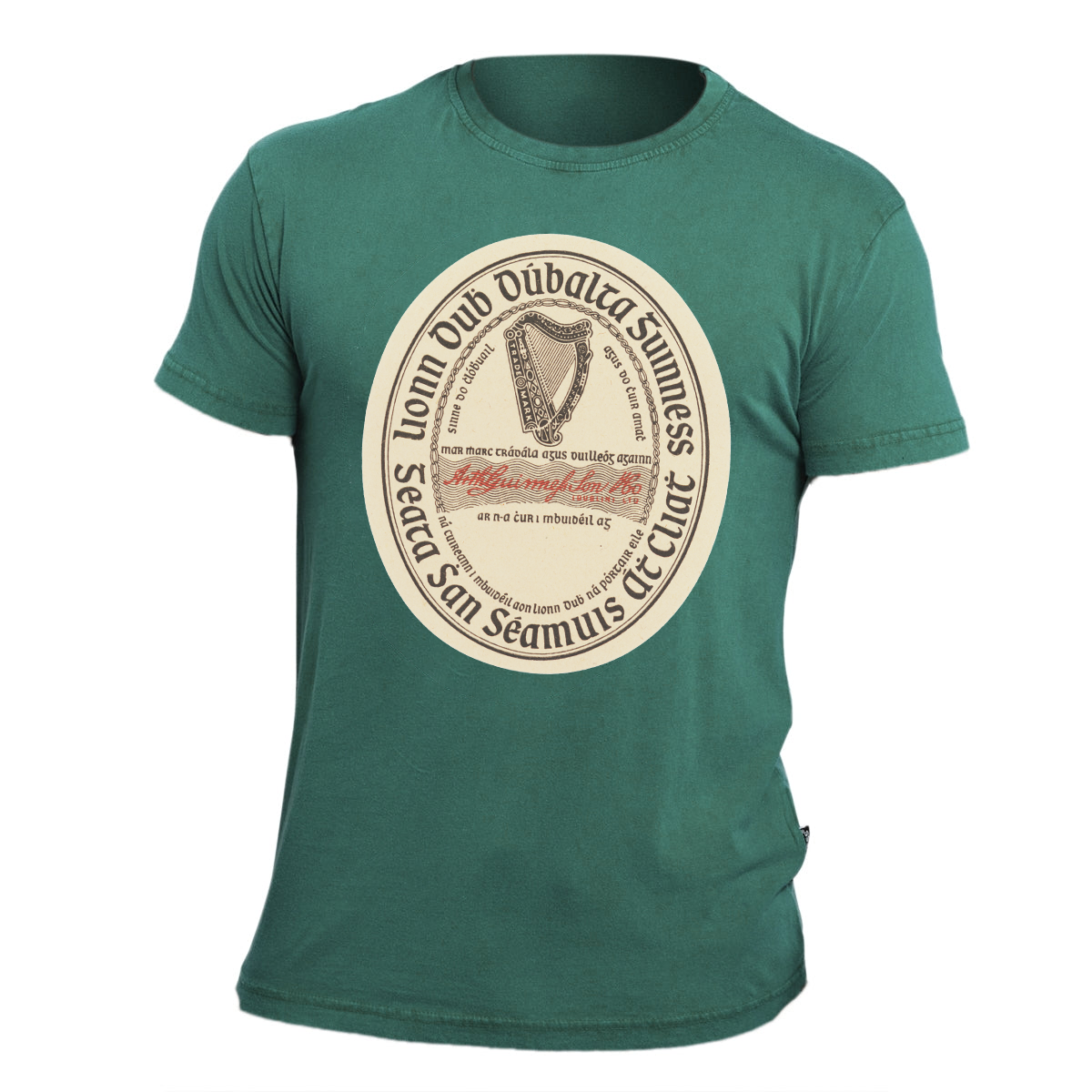 The Guinness Gaelic Label Green Premium T-Shirt by Guinness UK features an Irish insignia with the Irish harp and Gaelic text in a circular design on the front. This premium unisex T-shirt echoes the classic style of the renowned Guinness Gaelic Label.