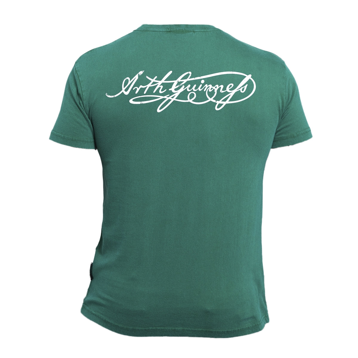 Green short-sleeve graphic tee, the Guinness Gaelic Label Green Premium T-Shirt by Guinness UK, featuring white cursive text on the back. Crafted from premium materials.