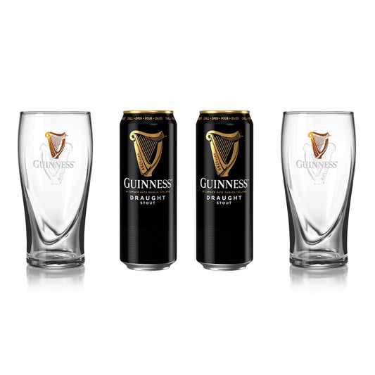Twin pack of Guinness UK Guinness Pint Glass and Can on a white background.