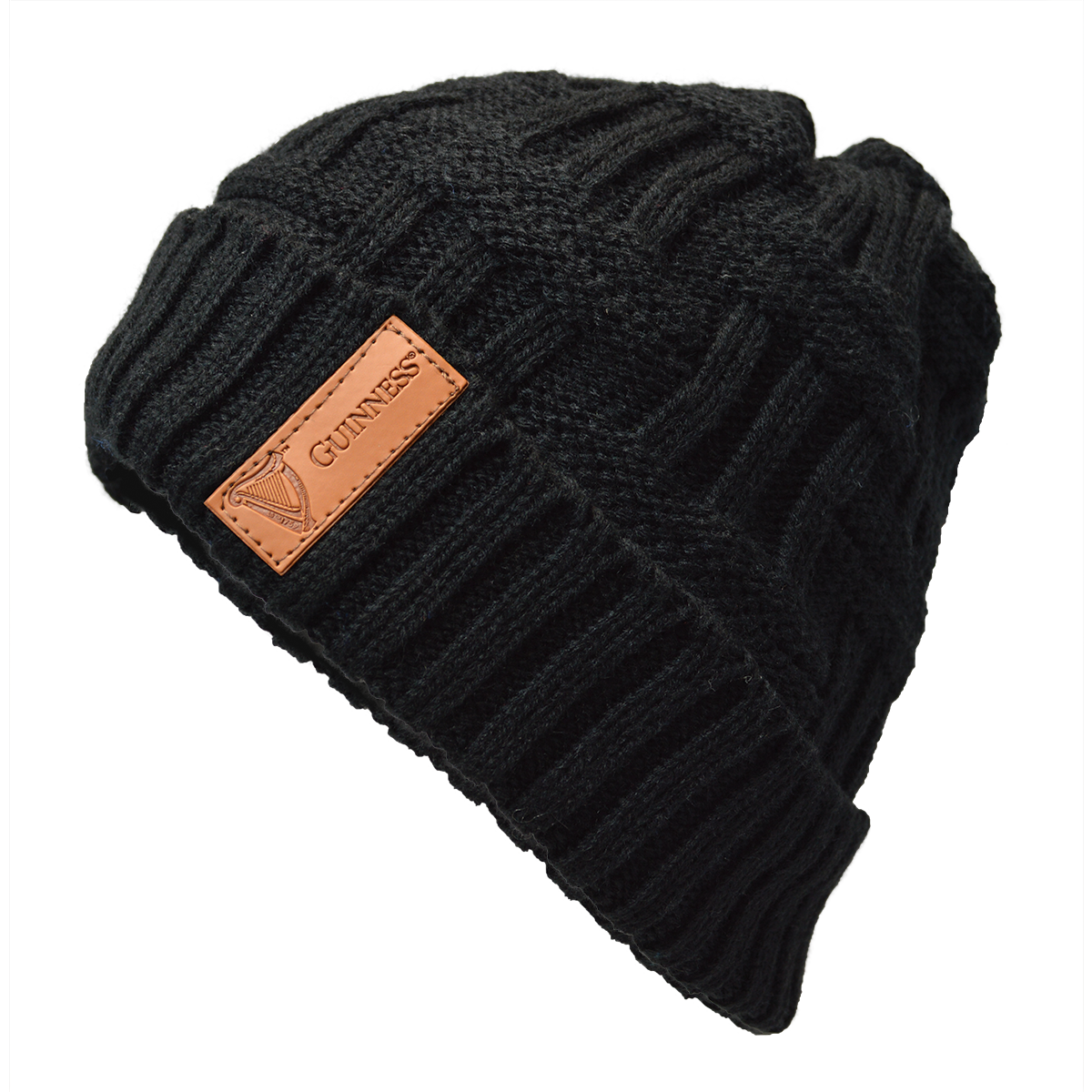 The Black Leather Patch Beanie by Guinness UK is a warm and soft black knit beanie with a super-stretch basket weave design, featuring a leather patch adorned with a harp and the word "Guinness.