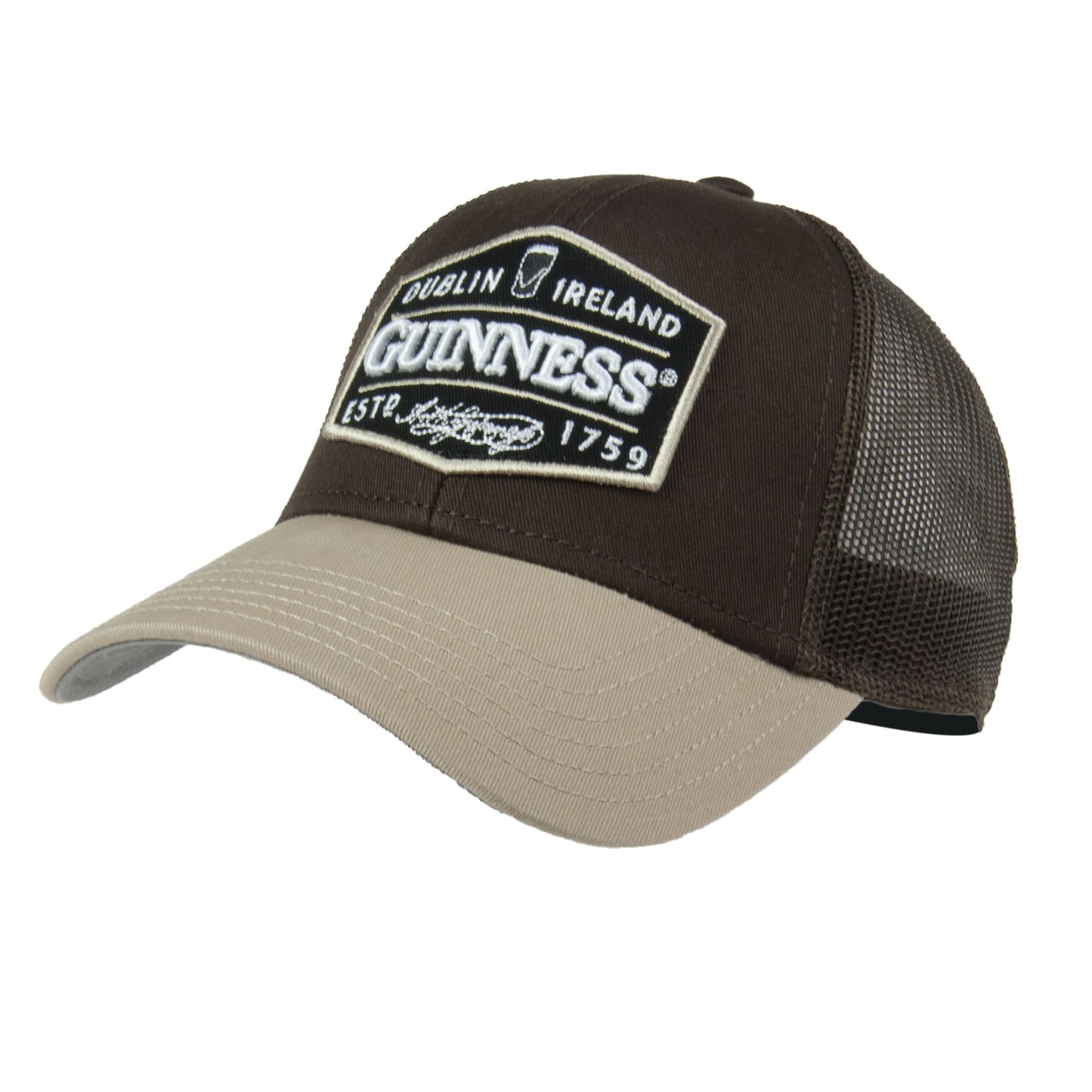 Brown and tan Guinness UK Trucker Premium Brown with Embroidered Patch Cap, featuring a Guinness logo, "Dublin, Ireland" and "1759" embroidered on the front.