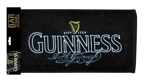 Cotton Guinness Signature Bar Towel in black with the Guinness logo on it.