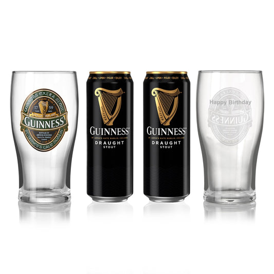 Personalised Guinness Ireland Collection - 2 Glasses and 2 Cans - Personalised set for the avid Guinness UK fan.