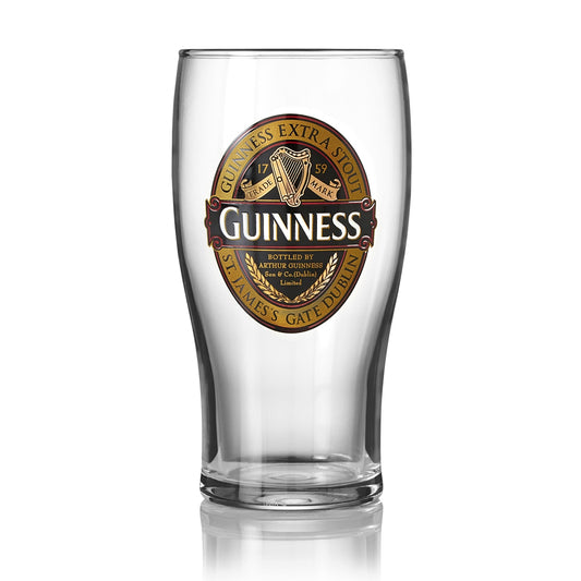 This Guinness UK pint glass features the iconic Extra Stout Label.