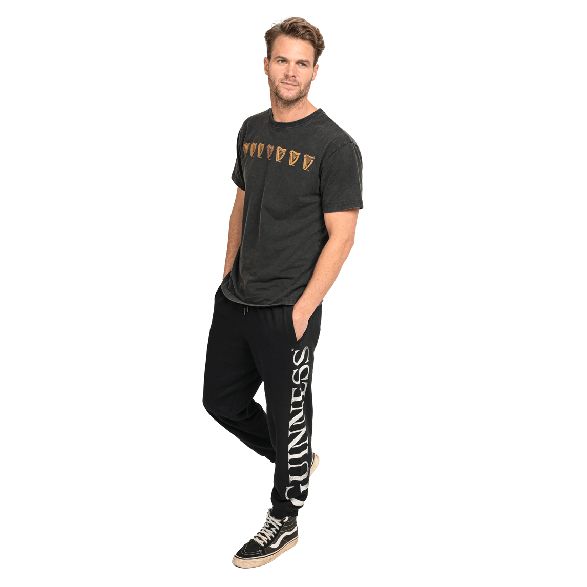 A man wearing Guinness UK organic cotton joggers.