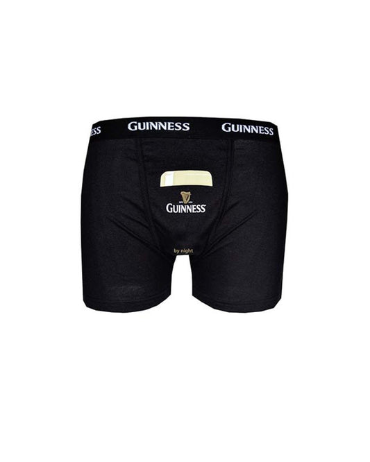 The Guinness By Night Boxers by Guinness UK, featuring the iconic logo on the front and "GUINNESS" across the waistband, make an ideal gift for any fan.